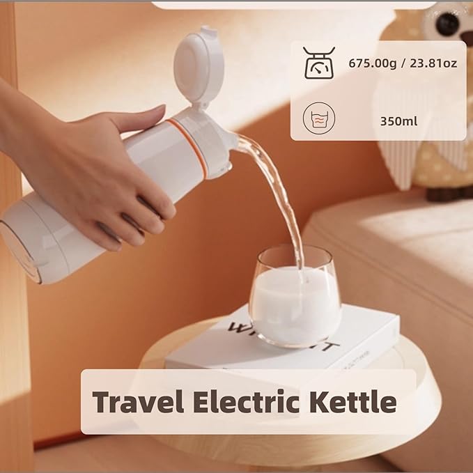 Travel Electric Kettle, 316 Stainless Steel USB Rechargeable Cordless Heating Portable 350ml Hot Water Boiler with Thermal Insulation, for Outdoor Camping Car Office