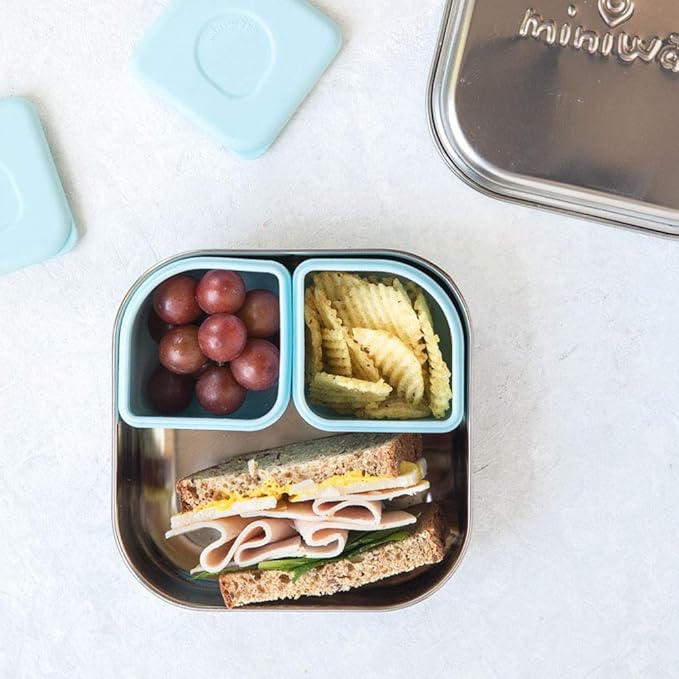 Miniware GrowBento Box and 2 Silipods | Stainless Steel food grade silicone bento containers - Bento Lunch Box for Kids and Silicone Storage Containers | Bento Box for Kids (Steel+ Aqua)