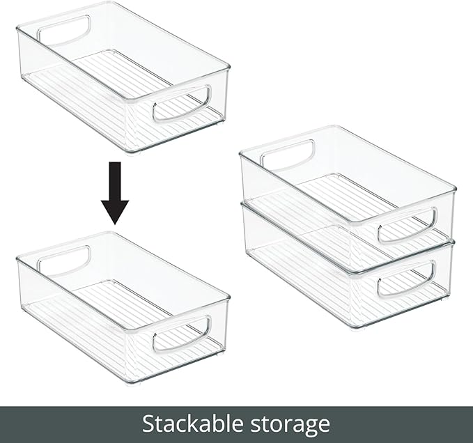 mDesign Small Plastic Storage Organizer Container Bin, Closet Organization for Hallway, Bedroom, Linen, Coat, Entryway - Holds Clothing, Blankets, Accessories, Toys - Ligne Collection, 4 Pack, Clear