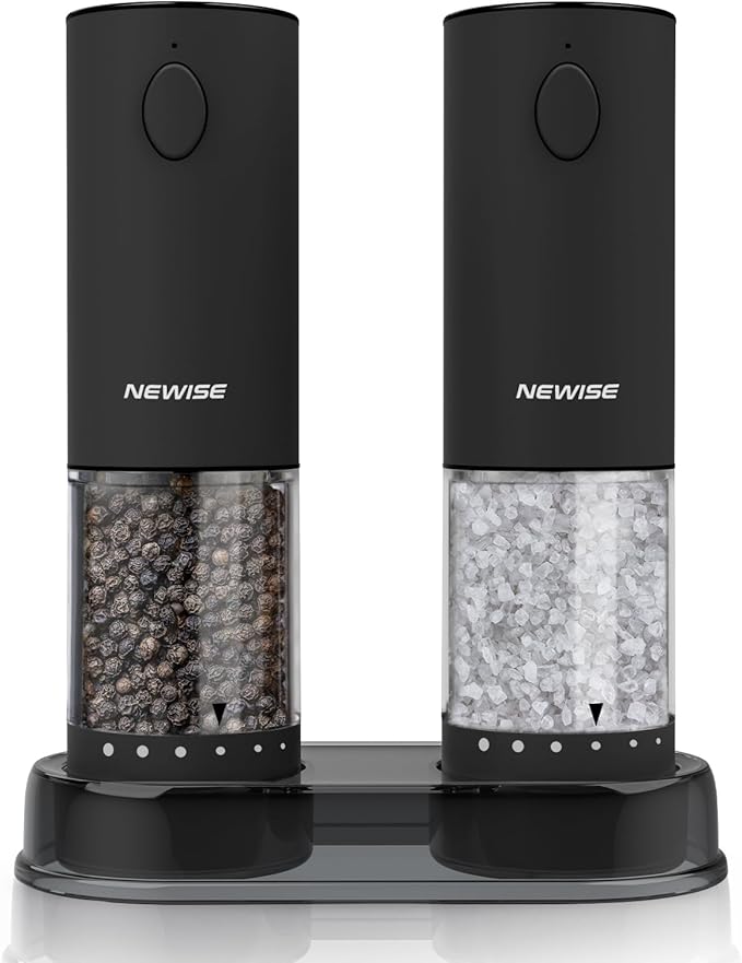 Newise Electric Salt & Pepper Grinder Set, Rechargeable with LED Light & External Coarseness Adjustment, Kitchen Gadgets for Mom Home Cooks & Families - Black