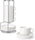 MALACASA 8 OZ Porcelain Espresso Cups with Saucers and Metal Stand Set of 4, Stackable Cappuccino Cups, White Expresso Shots Cup Set for Coffee Drinks, Latte, Tea