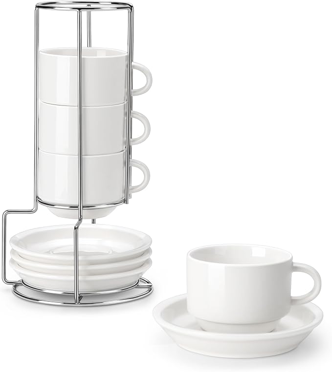 MALACASA 8 OZ Porcelain Espresso Cups with Saucers and Metal Stand Set of 4, Stackable Cappuccino Cups, White Expresso Shots Cup Set for Coffee Drinks, Latte, Tea
