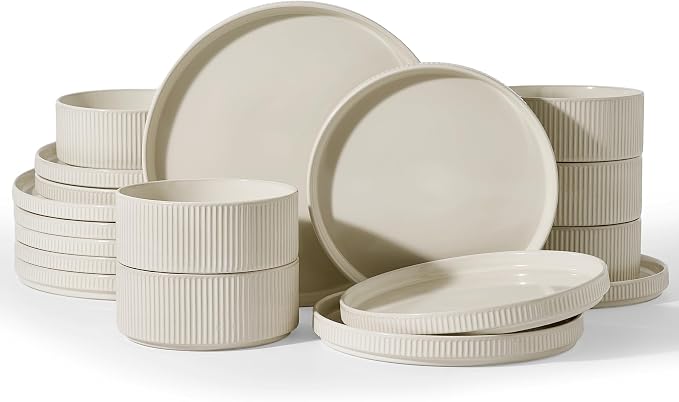 Famiware Star 24-Piece Stoneware Dinnerware Set for 8 – Oat, Ceramic Ribbed Plates and Bowls – Modern Rustic Dishes, Everyday & Formal Use – Chip & Scratch Resistant, Microwave & Dishwasher Safe