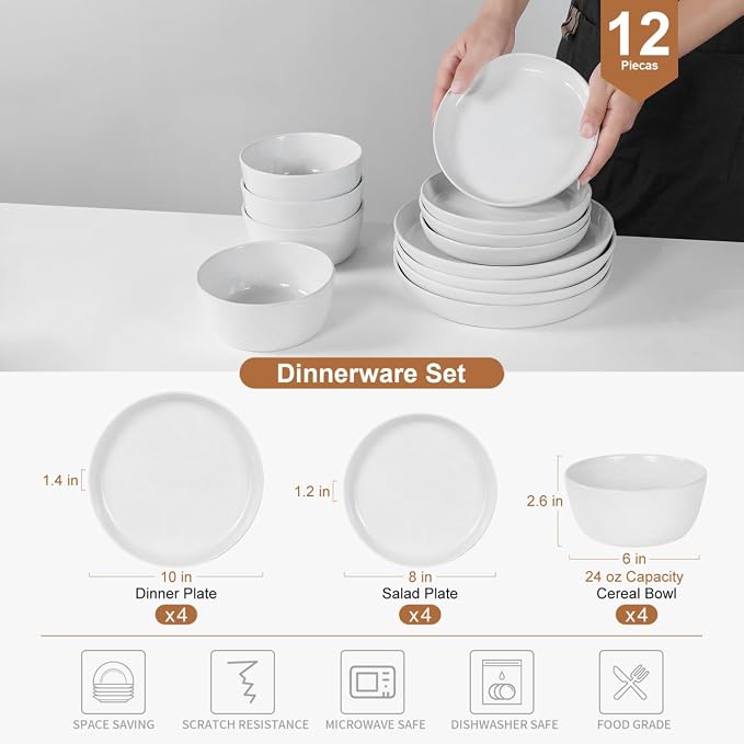 12pcs Ceramic Plate and Bowl Sets,Stoneware Dinnerware Sets,Service for 4,Ceramic Kitchen Dinner Set,Porcelain Dishes Set,Microwave&Dishwasher Safe,White