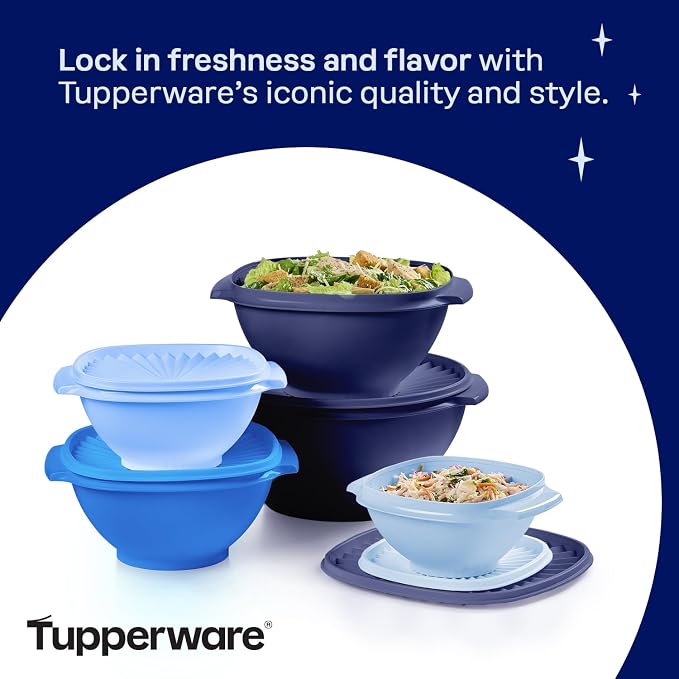 Tupperware Heritage Collection, New 10 Piece Food Storage Container Set in Vintage Blue, Dishwasher Safe and BPA Free (5 Bowls, 5 Lids)