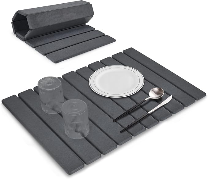 Large Stone Dish Drying Mats for Kitchen Counter, 24"(L)×16"(W), Drying Collapsible Dish Drying Mat, Eco-Friendly Absorbent Diatomaceous Earth Mats for Dishes Bottles Cups - Dark Grey