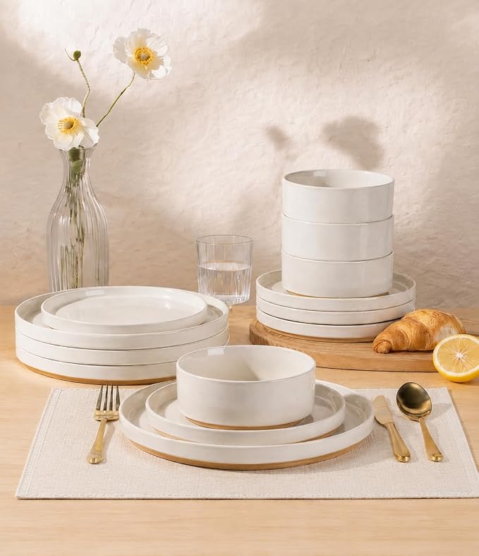 AmorArc Ceramic Dinnerware Set for 4 | Speckled Stoneware Plates and Bowls with unglazed terracotta | Scratch Resistant, Dishwasher & Microwave Safe Modern Dishes Sets- 12Pcs