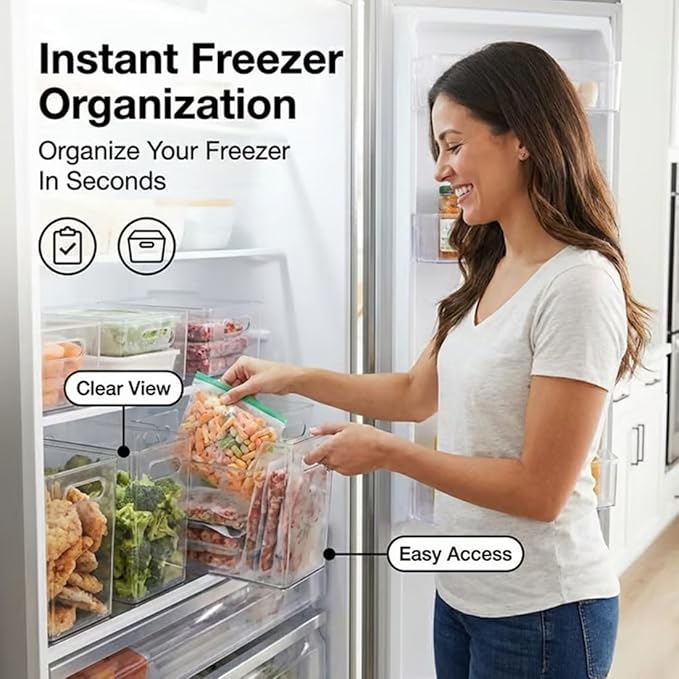 Crystal Clear Freezer Storage Bins, 4 Pack Clear Plastic Storage Bins for Pantry Organizers and Storage, Kitchen Stackable Containers with Handle for Refrigerator, Fridge, Cabinet (4Pcs L+4Pcs S)