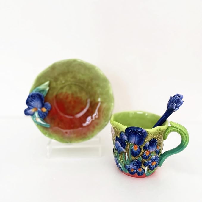 Ceramic Lrises Flower Coffee Mug and Saucer set with Spoon,3D Handmade and Hand-painted Tea Mug, 6OZ