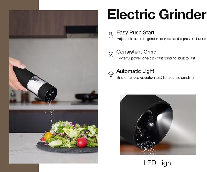 Black Stainless Steel Electric Salt and Pepper Grinder Set with Dust Cover – Rechargeable Automatic Pepper Mill, LED Light, Adjustable Coarseness (2 Pack)