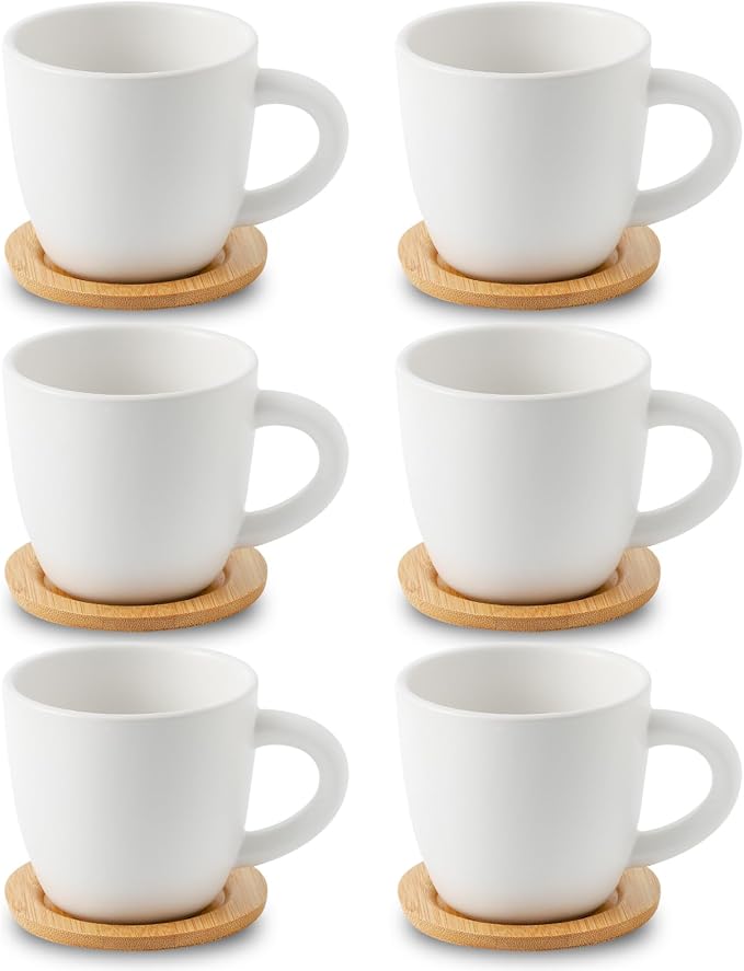 HASENSE 8 oz Cappuccino Cups with Saucers set of 6, Porcelain Coffee Mugs Latte Mugs with Handle Perfect for Double Shot, Americano, Milk and Tea, White