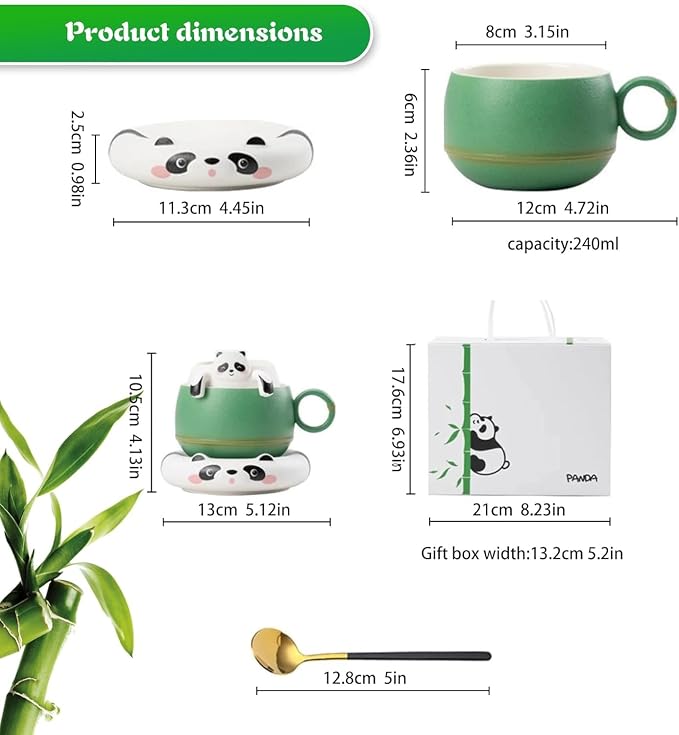 Ceramic Panda Tea Cup with Infuser and Saucer, Cute 8 oz Coffee Mug | Handmade Ceramic, Tea Cup with Filter, Birthday Gift for Women, Kids, Friends & Panda Lovers
