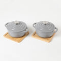 HAWOK Enameled Cast Iron Mini Dutch Oven, Dia5.51”, 23oz, with Bamboo Tray, Set of 2, Gray