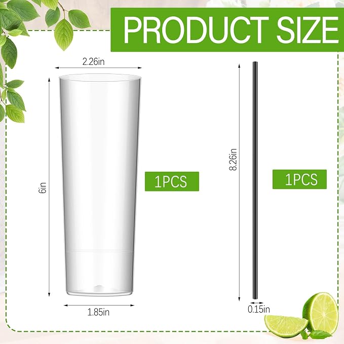 Plastic Highball Glasses with Straws, 10 oz Shatterproof Drinking Cups, Tall Whiskey Collins Glass with Straw, Smoothie Tumbler Mojito Cocktail Cup for Wedding Spring Summer Party