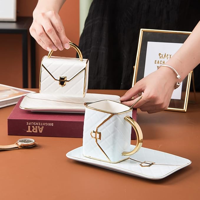 YnsfreeCeramic Purse Coffee Mugs Set Tea Cup Unique Bag shaped mug and Saucer Set with Spoon and Saucer For Women Mother's Day Christmas Gifts (Set of 4)