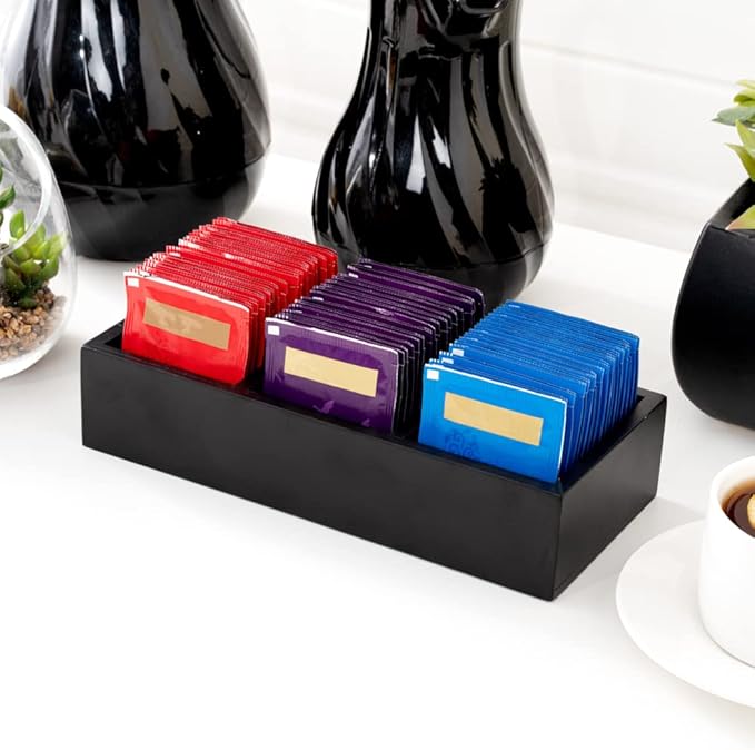 Restaurantware-9.5 x 4.25 x 2 Inch Coffee Condiment Organizer, 1 Rectangle Creamer Organizer - 3 Compartments, Black Bamboo Coffee Accessory Caddy, Won't Chip, For Tea And Sugar Packets