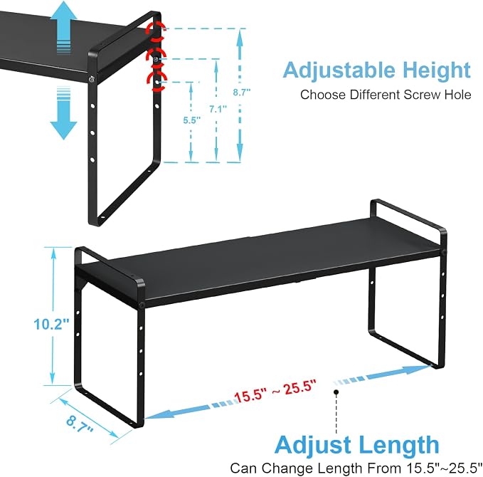 15.5 to 25.5 Inch Kitchen Cabinet Shelf Organizers, Adjustable Kitchen Counter Shelf Organizer, Set of 4 Expandable Countertop Storage Shelves, Stackable Design, 30LBS Heavy Duty, Space Saver