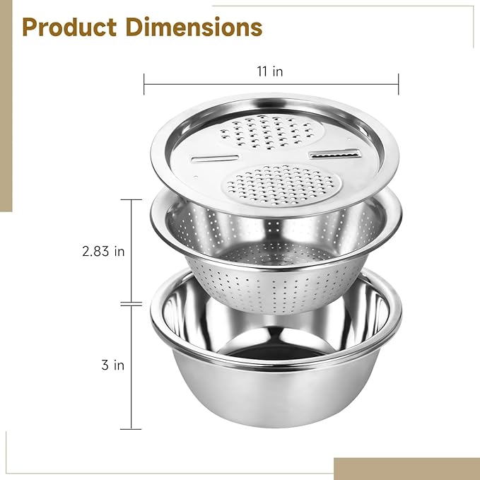 Multifunctional Stainless Steel Basin with Grater, 11 Inch Salad Maker Bowl, Vegetable Slicer Shredder Colander, Stainless Steel Grater Bowl Set for Kitchen