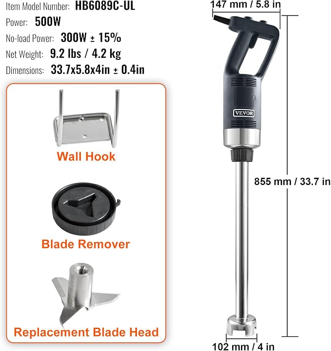 VEVOR Commercial Immersion Blender, 500 Watt 20Inch Heavy Duty Hand Mixer, Variable Speed Mixer with 304 Stainless Steel Blade, Multi-Purpose Portable Mixer for Soup, Smoothie, Puree, Baby Food