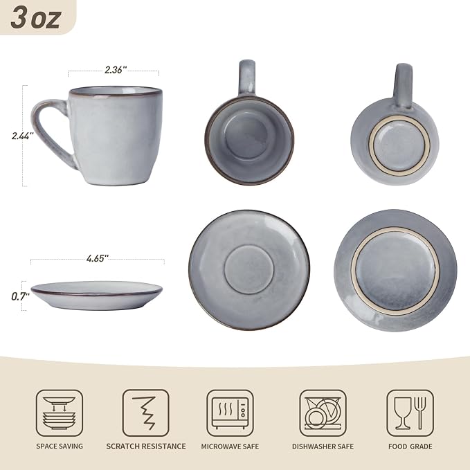 famiware Ocean Espresso Cups with Saucers Set of 4, 3.34oz Espresso Cup Set, Coffee Mug Set for Latte, Macchiato, Stoneware Demitasse Cups Set for Cafe, Microwave&Dishwasher Safe, Gray
