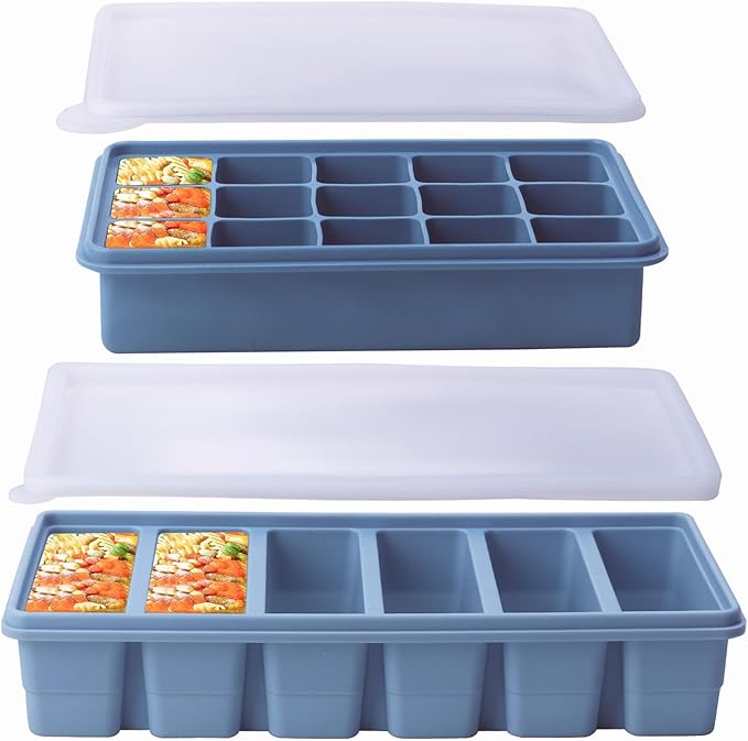 2-Pack Silicone Freezer Trays with Lid,6 Large 1/2-Cup(125ml)&15 Small 2 Tbsp(30ml) Soup Freezer Container Molds,Ice Cube Tray For Meal Prep&Freezing Soup,Stews,Sauces, Garlic, Herbs (Blue 2 Pack)