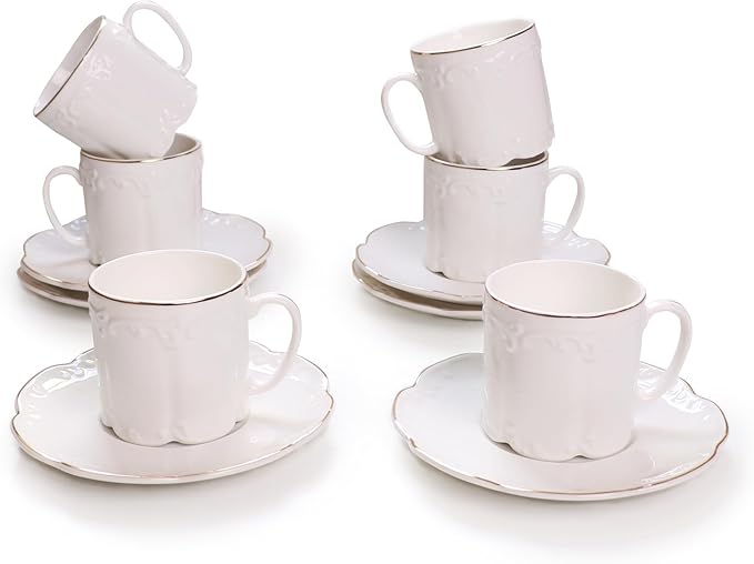 GuangYang 3oz Fine Porcelain Espresso Cups and Saucers,Embossed White with Gold Trim, Demitasse Cup Set for Espresso,Double Espresso,Macchiato,After-dinner coffee servings