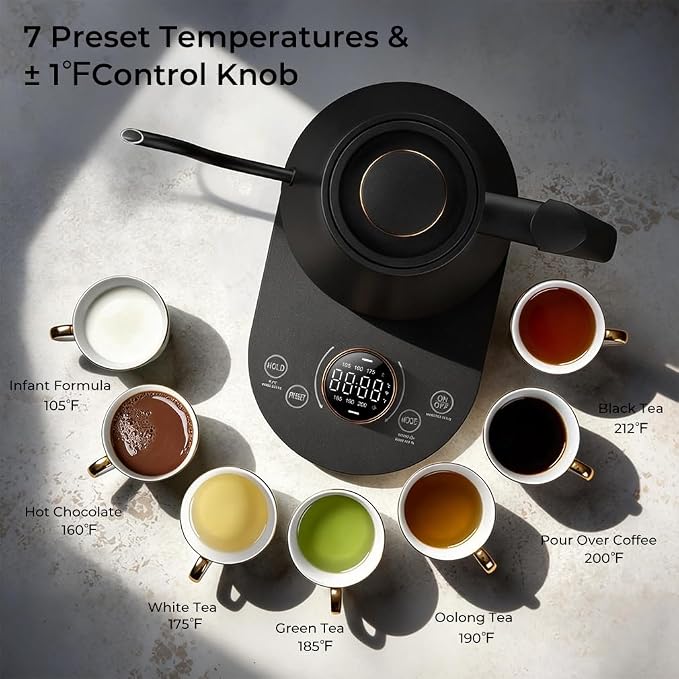 Electric Gooseneck Kettle with Temperature Control, 0.8L Pour Over Coffee, ±1°F Precision Heating, 7 Presets, Stainless Steel Inner, Electric Tea Kettle with 2H Keep Warm, Matte Black