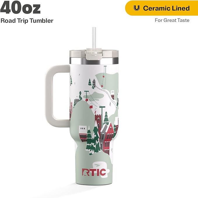 RTIC 40 oz Road Trip Tumbler Double-Walled Cermaic Lined Insulated Stainless Steel Portable Travel Coffee Mug Cup with Lid, Handle and Straw, Apres Ski
