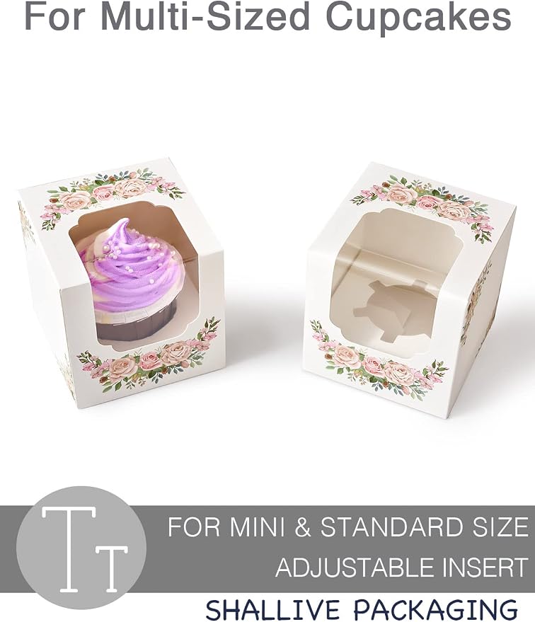 Pink Floral Mothers Day Cupcake Boxes Individual 60 Pcs with Pink Flowers with Window, 3.5" Single Containers Valentines Paper Holders for Cookies Muffins Gift Packaging Favors