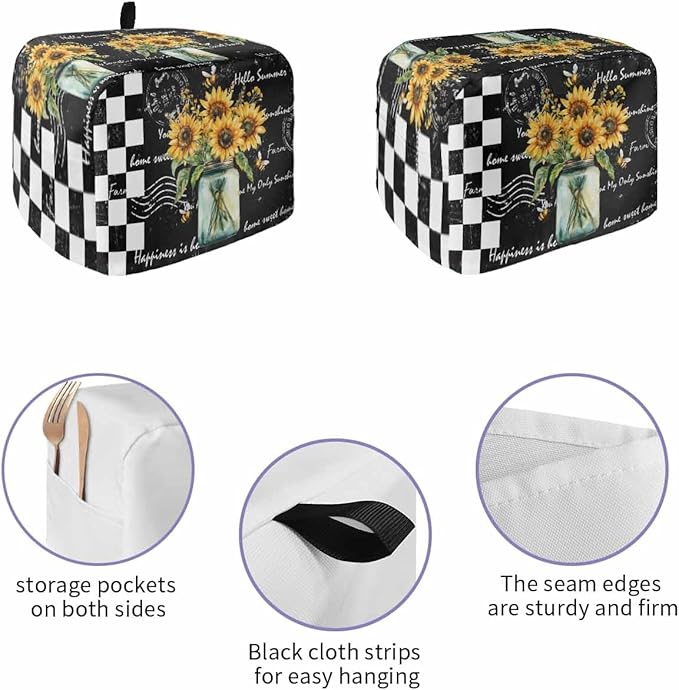 Sunflower Vintage Toaster Cover 2 Slice, Farmhouse Floral Dustproof Bakeware Oven Protector with Top Hook, Black Checkered Waterproof Small Kitchen Appliance Toasters Dust Cover, 11"x6"x8"