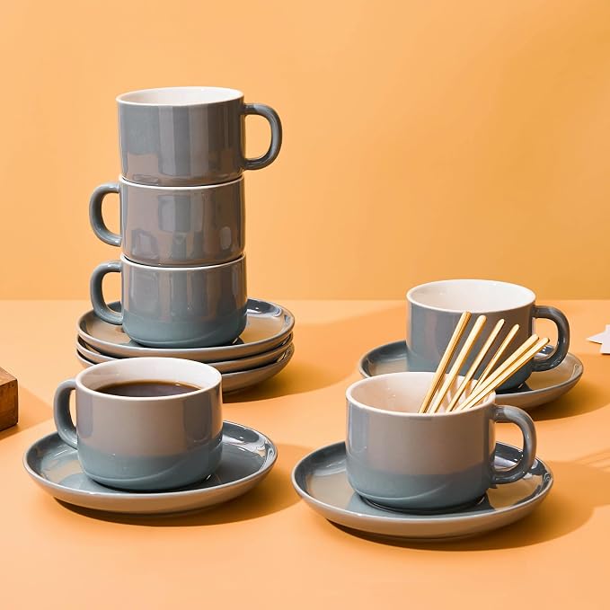 8oz Cappuccino Cups Set of 6, Tea Cups with Saucers and Spoons, Gray Ceramic Tea Cups Set Coffee Mugs for Tea Cappuccino Espresso Latte Mocha Au Lait Macchiato Cafe