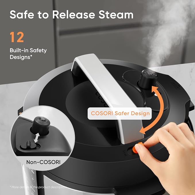 Cosori Pressure Cooker 6QT, Stainless Steel, 9-in-1 Multi Cooker, 12 Safety Features, Ceramic Coating Inner Pot, Rice, Slow Cook, Sous Vide, Saute, 1100W
