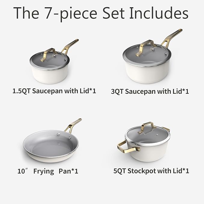 7-Piece White Ceramic Nonstick Cookware Set, Pots and Pans | 4 pots, 3 clear lids; stay-cool grips; 100% PFAS-free; 480°F oven & dishwasher safe; heavy daily family cooking routines