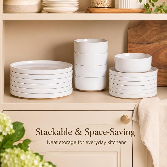 AmorArc Ceramic Dinnerware Set for 6 | Speckled Stoneware Plates and Bowls with Rustic Terracotta Underside| Scratch Resistant,Dishwasher & Microwave Safe Dishes Sets- 18pcs White
