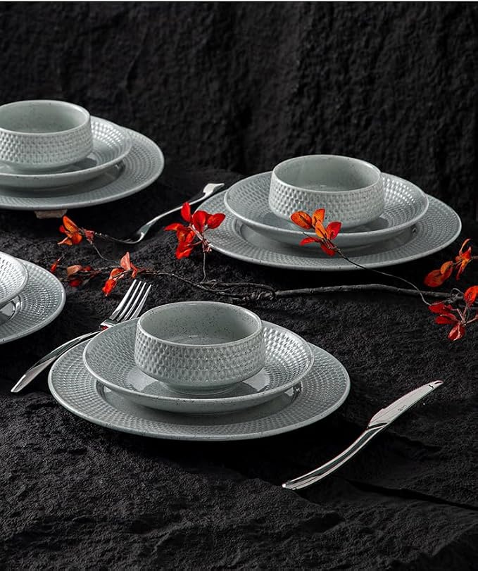 4-piece set, ceramic, embossed B design plate and bowl set, microwave and dishwasher tableware set, shatterproof and scratch resistant dinner set, irregular edge design, white