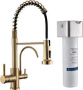 GIMILI 3 in 1 Kitchen Faucet with Pull Down Sprayer Brushed Gold Two Handle Kitchen Sink Faucet with Under Sink Water Filter System Reduces PFAS, PFOA/PFOS, Lead, Chlorine, Bad Taste & Odor