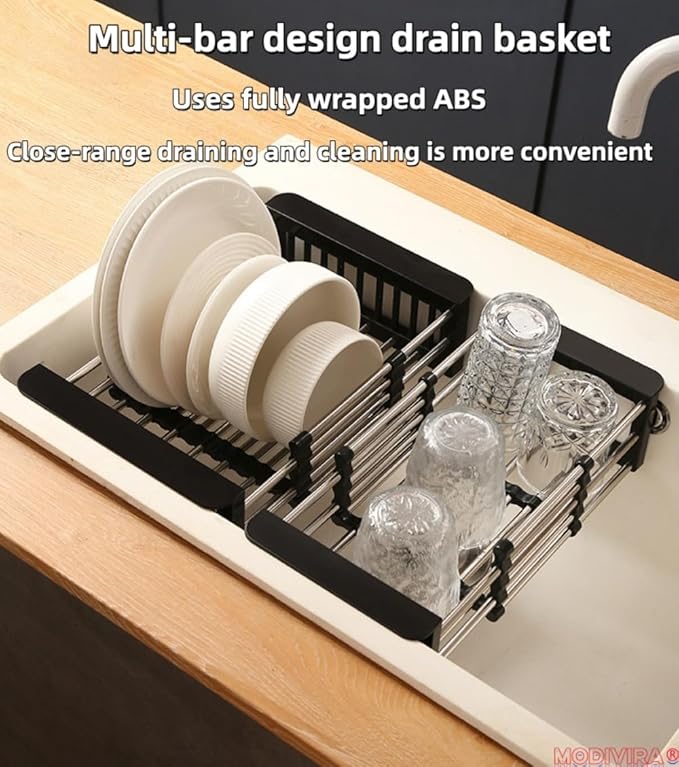 Kitchen Sink Drain Basket Adjustable Over Dish Drying Rack Stainless Steel Drain Basket for Vegetables Fruits Plates Fruits (Black,Small)
