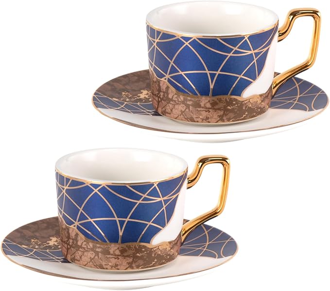KAMMAK Tea Cups and Saucers Set of 2, Porcelain Coffee Cups, Stackable Espresso Mugs, Ceramic Demitasse for Coffee, Latte, Americano, Tea, Golden Age