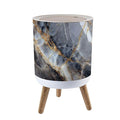 Trash Can with Lid White Yellow Patterned Detail Structure Gray Marble Texture Press Top Round Small Garbage Bin with Wooden Legs Waste Basket for Kitchen Bedroom Nursery 7L/1.8 Gallon
