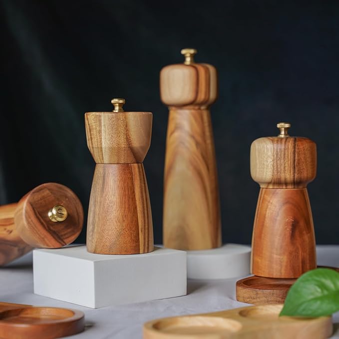 Salt and Pepper Grinder Set with Tray, Adjustable Ceramic Grinder Salt Mill, Stainless Steel Grinder Pepper Mill, Acacia Wood, 5 inch /14cm Height, Bottom Dia 2.36inch/6cm (Tray is Included)