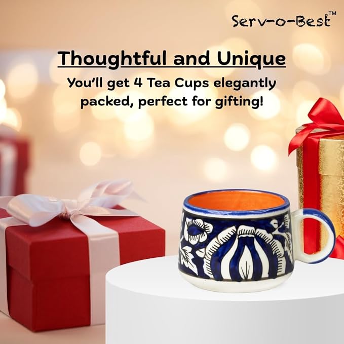 Servo Best Handmade Cermaic Tea Cup Set of 4-5 Oz Small Cups for Espresso, Cappuccino, Tea, Chai – Dishwasher & Microwave Safe – Gift Set for Coffee Lovers, Kitchen, Home, Office - Blue Mughal Art