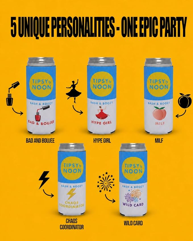 Funky Junque Bachelorette Party Favors Slim Can Cooler, Funny Bridesmaid & Bride Gifts for Girls Trip, Bridal Shower Decorations & Accessories, 12 oz Skinny Can Covers - Tipsy by Noon - 5 Pack