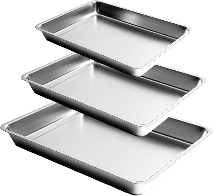 3-Piece Baking Pan Set, 304 Stainless Steel, 2-Inch Deep, Oven Safe to 450°F, Corrosion-Resistant, Easy to Clean, Stackable, 16-Inch, 12-Inch, 9-Inch Sizes