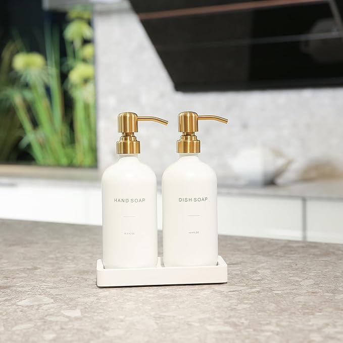 Prus Waso Gold Soap Dispenser Set, Glass Soap Dispenser with Stainless Steel Pump, Perfect for Modern Kitchen Counter Decor. (Gold)