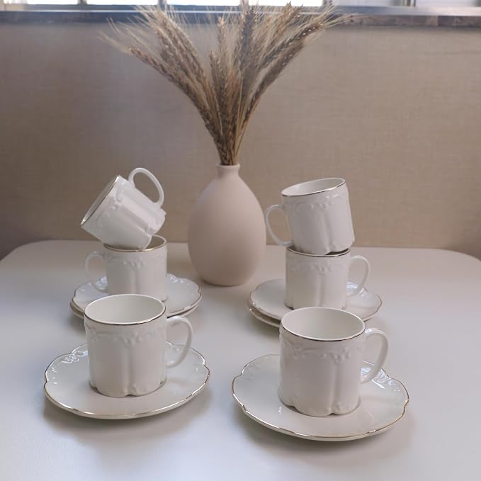 GuangYang 3oz Fine Porcelain Espresso Cups and Saucers,Embossed White with Gold Trim, Demitasse Cup Set for Espresso,Double Espresso,Macchiato,After-dinner coffee servings