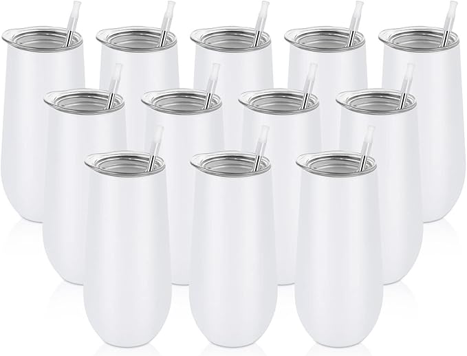 Lifecapido 12oz Stemless Champagne Flute Tumblers - 12 Pack Insulated Stainless Steel Tumbler Set for Wedding, Birthday, Christmas (White)