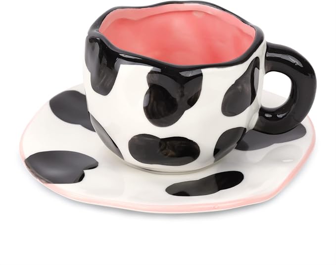 Noviko Cow Mug and Saucer Set Ceramic Cute Coffee Mug 10 oz