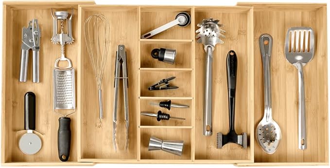 KitchenEdge Adjustable Kitchen Drawer Organizer for Utensils and Junk, Food-Safe Contract Grade with 100% Sustainable Wood, Expandable from 19 to 33 Inches Wide - Natural Bamboo