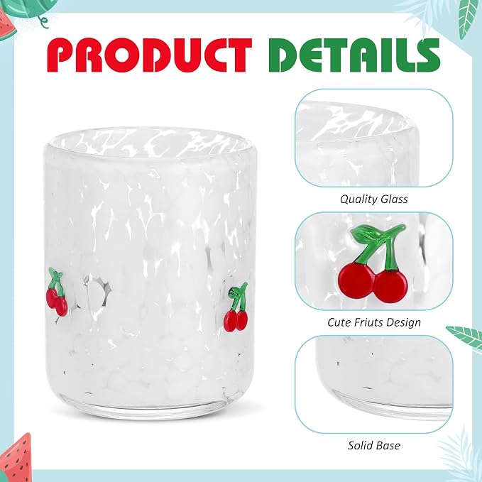 SiliFine 4 Pack Fruit Icon Juice Glasses Set - 14 oz Cherry, Watermelon, Strawberry, Lemon Stemless Glass Cup for Coffee Wine Cocktail Drinking - Summer Birthday Holiday Party Supplies & Ideal Gift