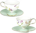 KAMMAK Ceramic Coffee Cups Saucers Set of 2, Porcelain Espresso Cup with Saucer, 8.45 oz Handmade Elegant Bone China Tea Cups, Ceramic Floral Pattern Demitasse Cup for Latte, Americano, Cappuccino